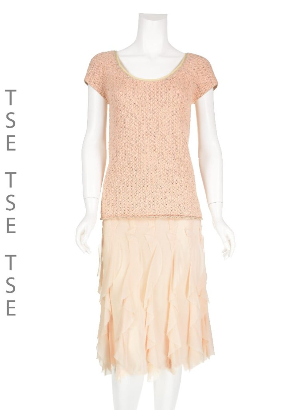 TSE Cashmere & Cotton Knit Top with Shredded Peach Silk Chiffon Skirt, SZ SM